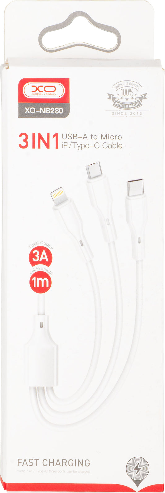 Kabl za punjenje USB-A - Lightning / microUSB / USB-C XO Design NB230 3u1, 20W, 1m, Bela