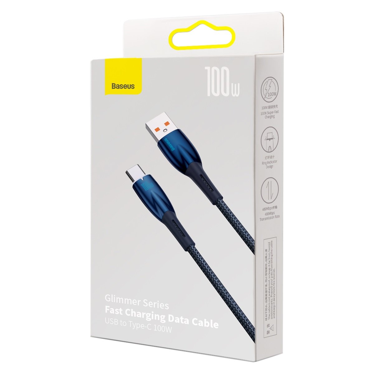 Kabel za Prijenos Podataka i Punjenje USB-A - USB-C Baseus Glimmer Series, 100W, 1m, Plavi