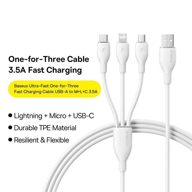 USB-A kabl za punjenje - Lightning / microUSB / USB-C Baseus Ultra Fast 3in1, 18W, 1.3m, Bela P10376303211-00