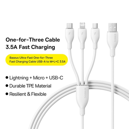 USB-A kabl za punjenje - Lightning / microUSB / USB-C Baseus Ultra Fast 3in1, 18W, 1.3m, Bela P10376303211-00