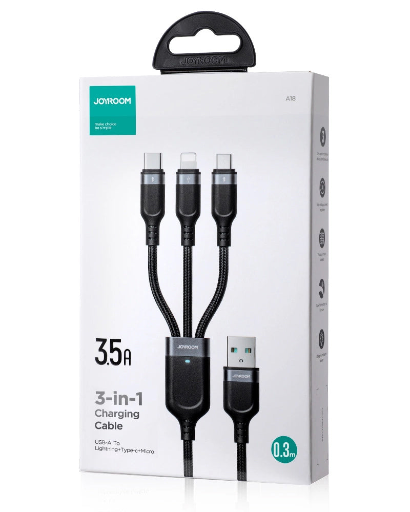 Kabl za punjenje USB-A - Lightning / microUSB / USB-C Joyroom S-A18 3u1, 20W, 0.3m, Crni