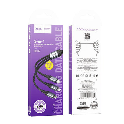 Charging Cable USB-A - Lightning / microUSB / USB-C HOCO X102 3in1, 18W, 1m, Black 
