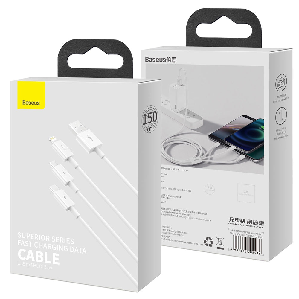 Kabl za punjenje USB-A - Lightning / microUSB / USB-C Baseus Superior 3in1 Series, 20W, 1m, Beli P10320105221-00