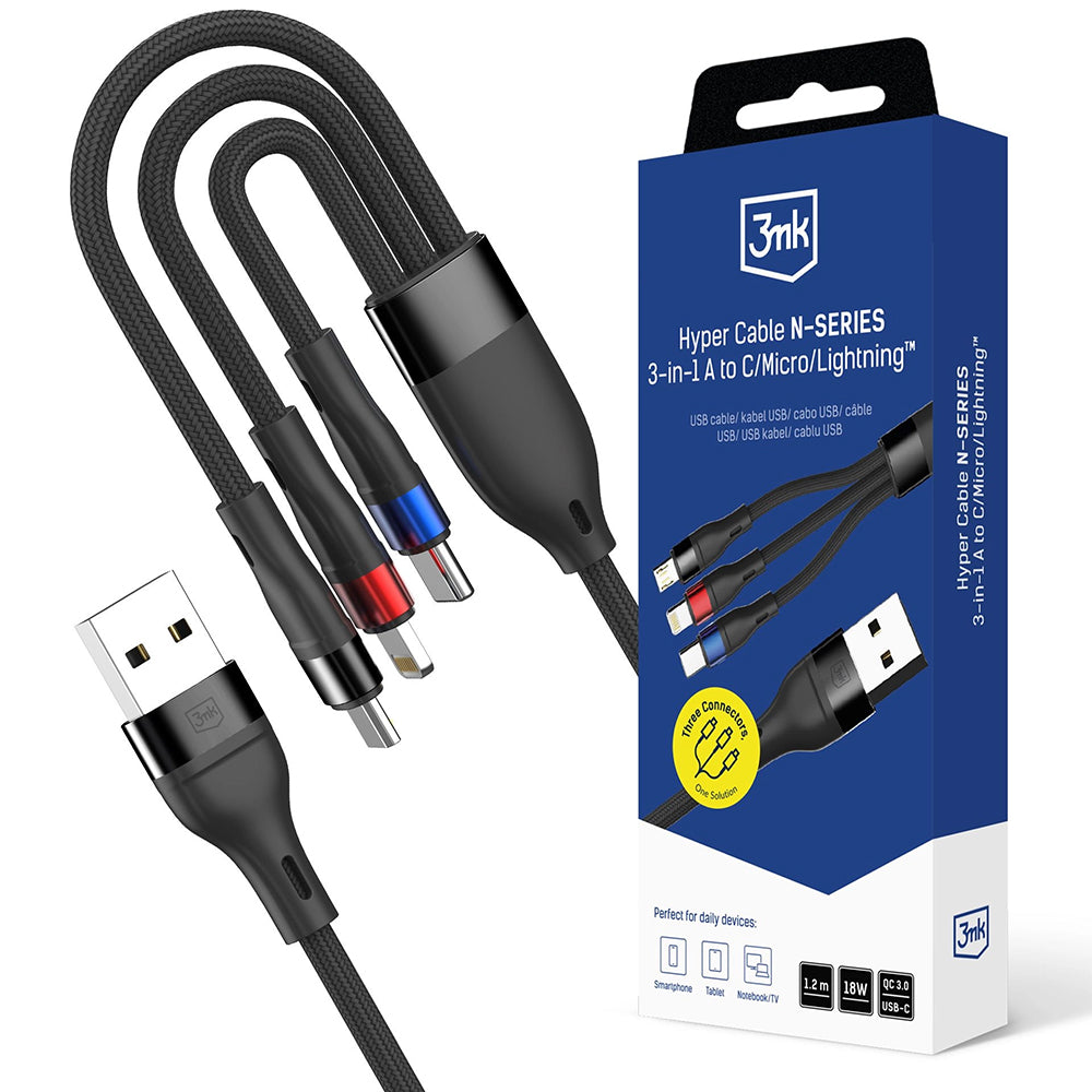 Kabl za punjenje USB-A - Lightning / microUSB / USB-C 3MK Hyper N, 18W, 1.2m, Crni