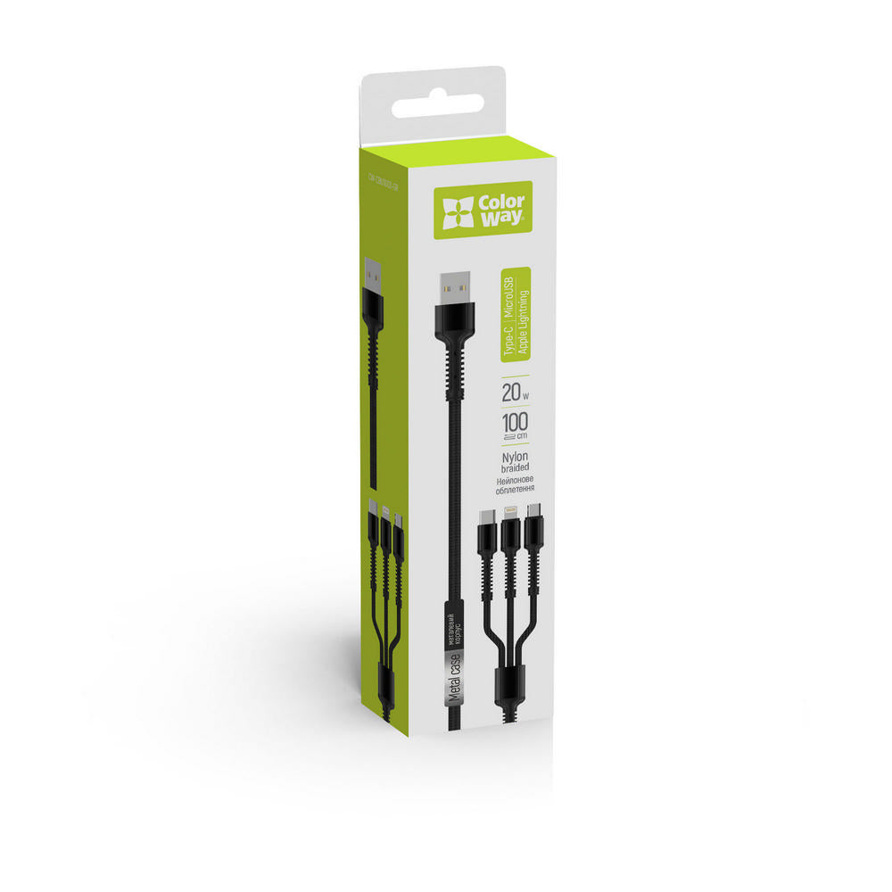 Kabl za punjenje USB-A - Lightning / microUSB / USB-C ColorWay CW-CBU3003, 20W, 1.2m, Sivi