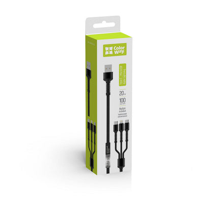 Kabl za punjenje USB-A - Lightning / microUSB / USB-C ColorWay CW-CBU3003, 20W, 1.2m, Sivi