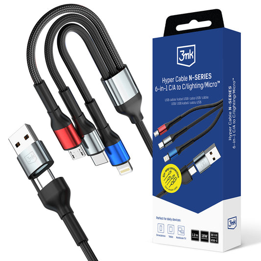 Kabl za punjenje USB-A / USB-C - Lightning / microUSB / USB-C 3MK Hyper N, 18W, 1.2m, Crni