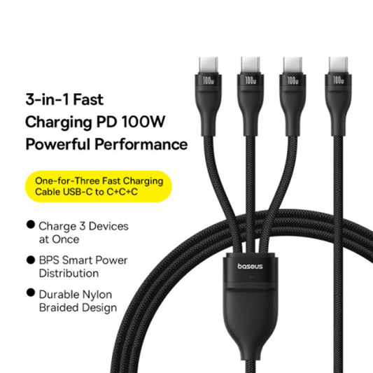 Kabl za punjenje USB-C - 3 x USB-C Baseus Flash Series III 3in1, 100W, 1.5m, Crni P10377503111-00