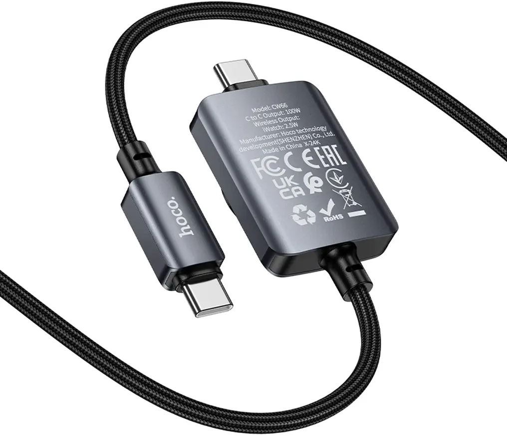 Kabl za punjenje USB-C - USB-C HOCO CW66 2u1, 100W, 1.2m, Crni