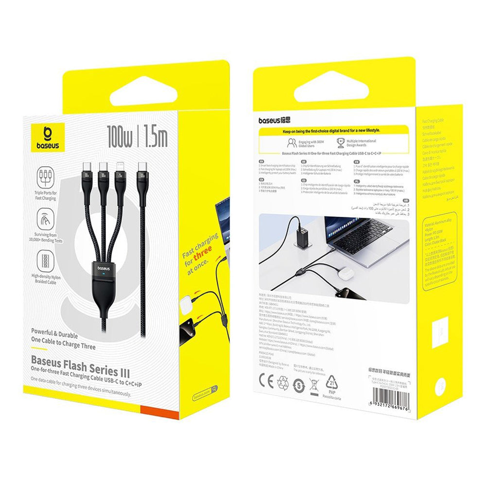 Kabl za punjenje USB-C - Lightning / 2 x USB-C Baseus Flash Series III 3in1, 100W, 1.5m, Crni P10377502111-00