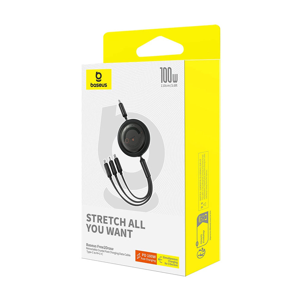 Kabl za punjenje USB-C - Lightning / microUSB / USB-C Baseus Free2Draw Retractable, 100W, 1.1m, Crni P10368700111-04
