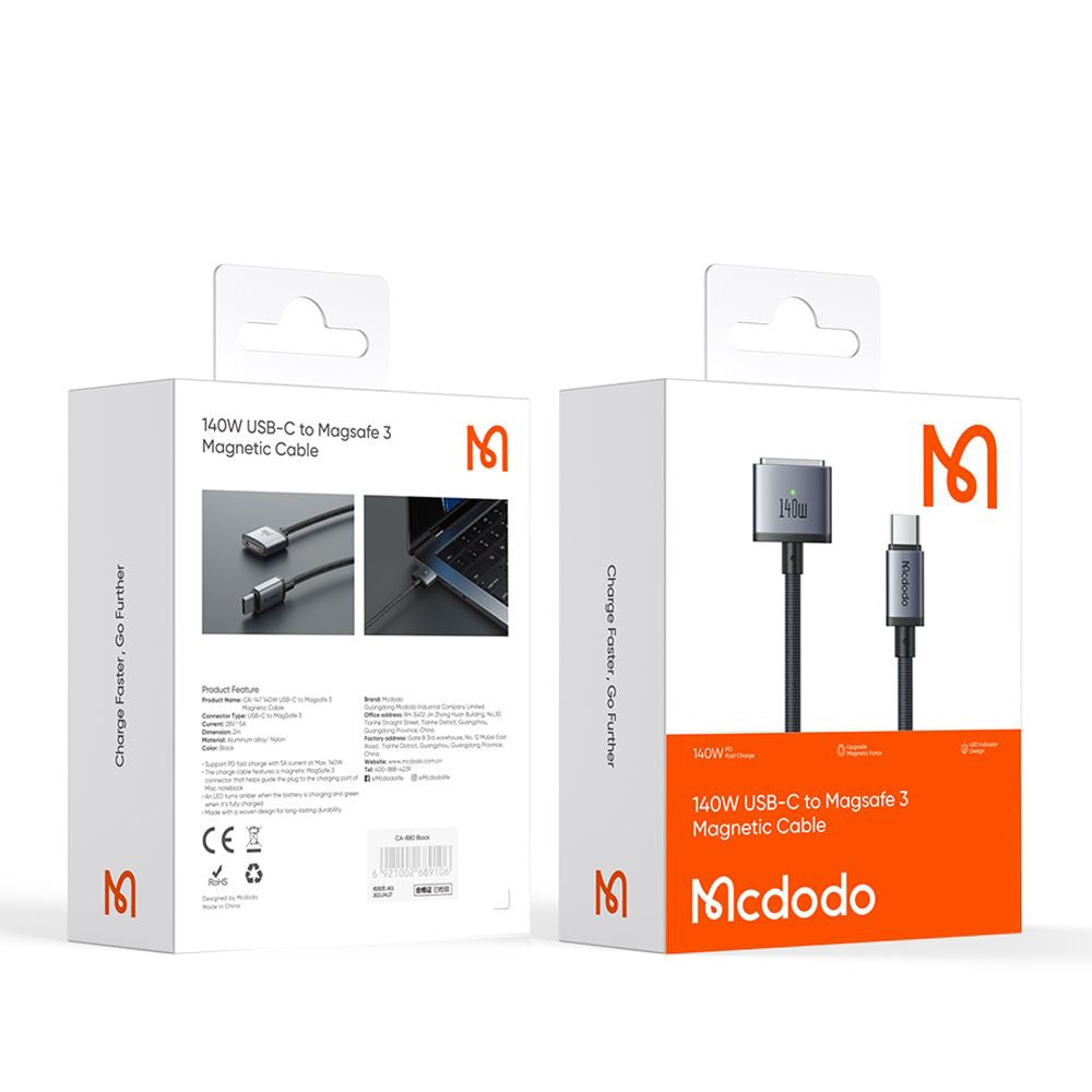 Kabl za punjenje McDodo CA-1470, USB-C - MagSafe 3, 140W, 2m, Crni