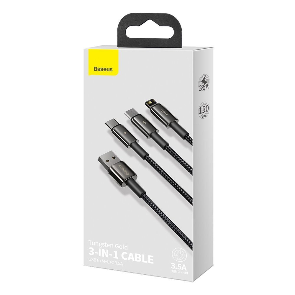 Charging Cable USB-A - Lightning / microUSB / USB-C Baseus Tungsten Gold 3in1, 18W, 1.5m, Black CAMLTWJ-01 