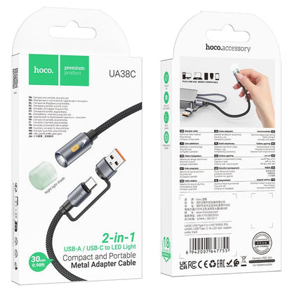 Kabl Led HOCO UA38C, USB-C / USB-A, 0.3m, Crni