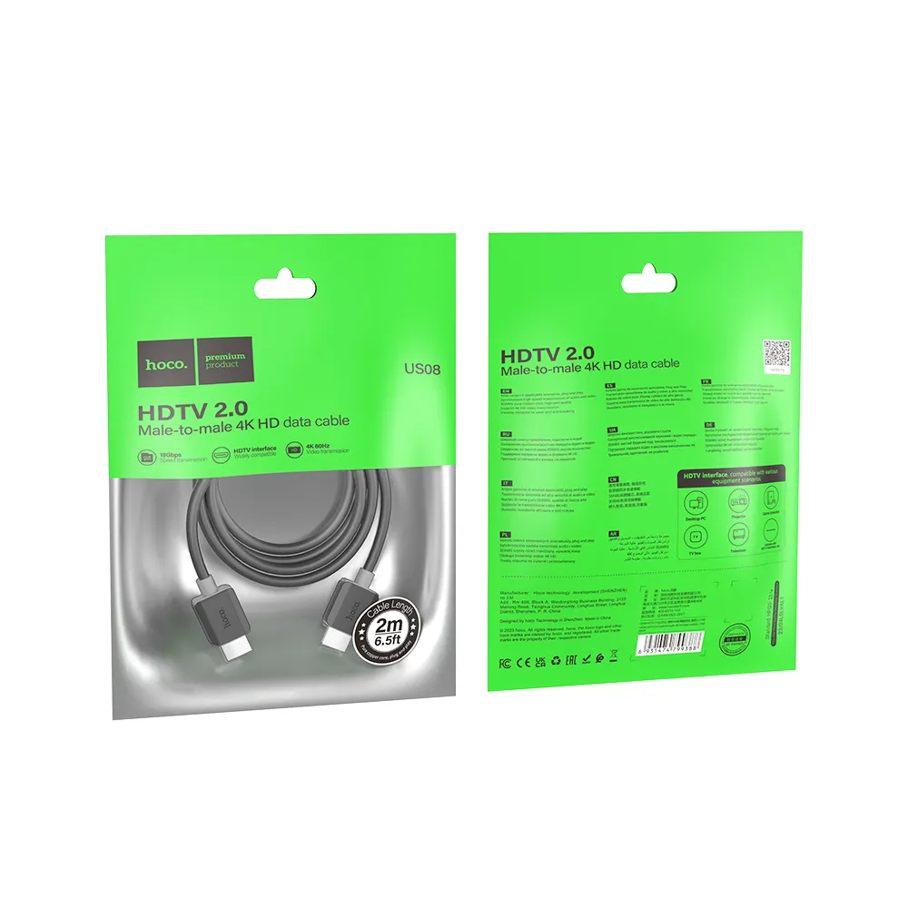 Video kabl HOCO US08, HDMI - HDMI, 4K, 2m, Crna