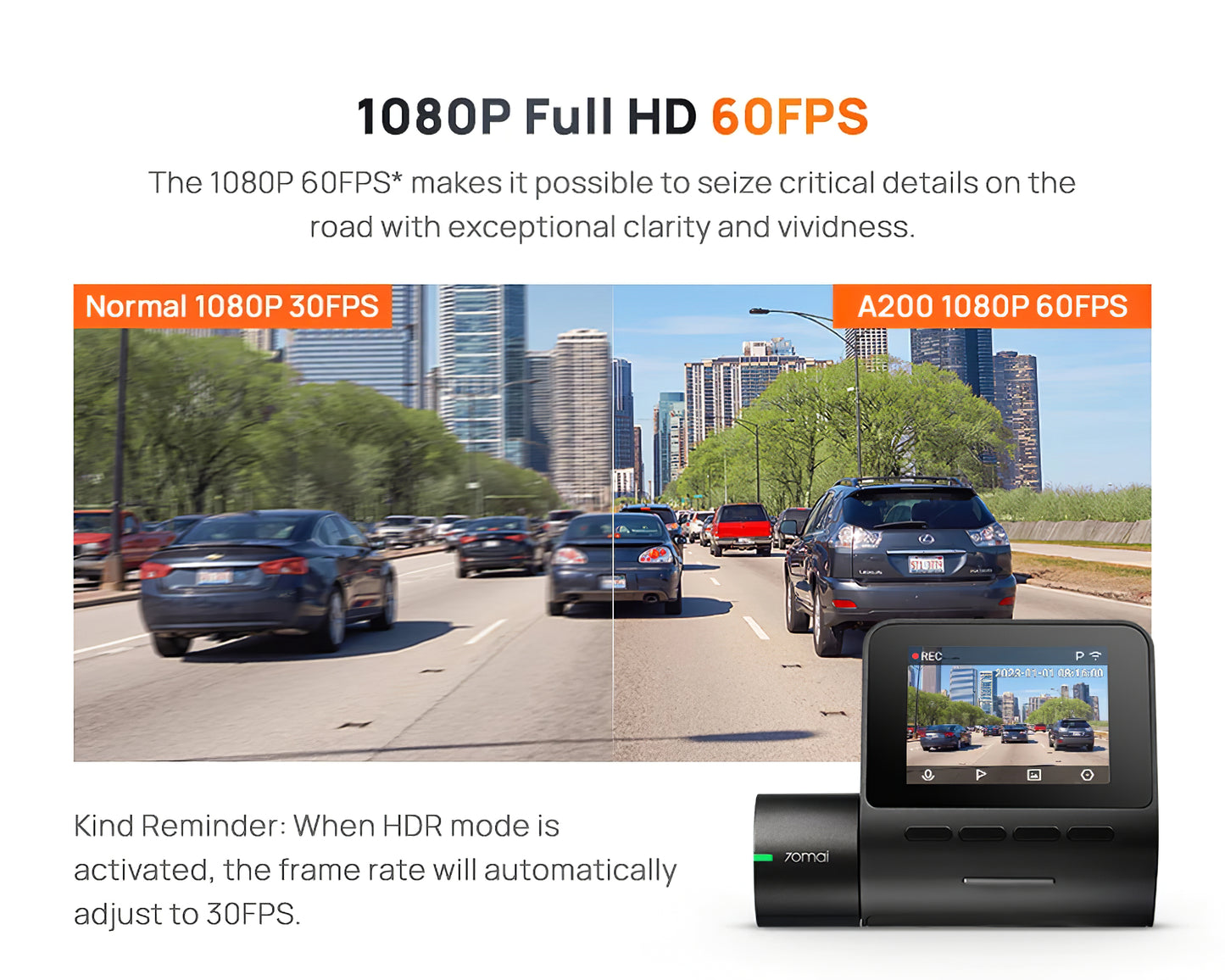 Auto Kamera 70mai Dash Cam A200, 1080P, Wi-Fi, Ekran 2 inča