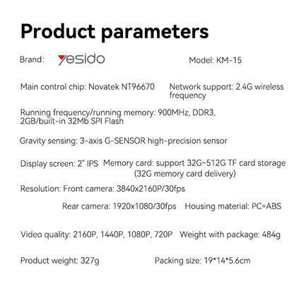 Auto Kamera Prednja Zadnja Yesido KM15, 4K, Wi-Fi, Ekran 2 inča