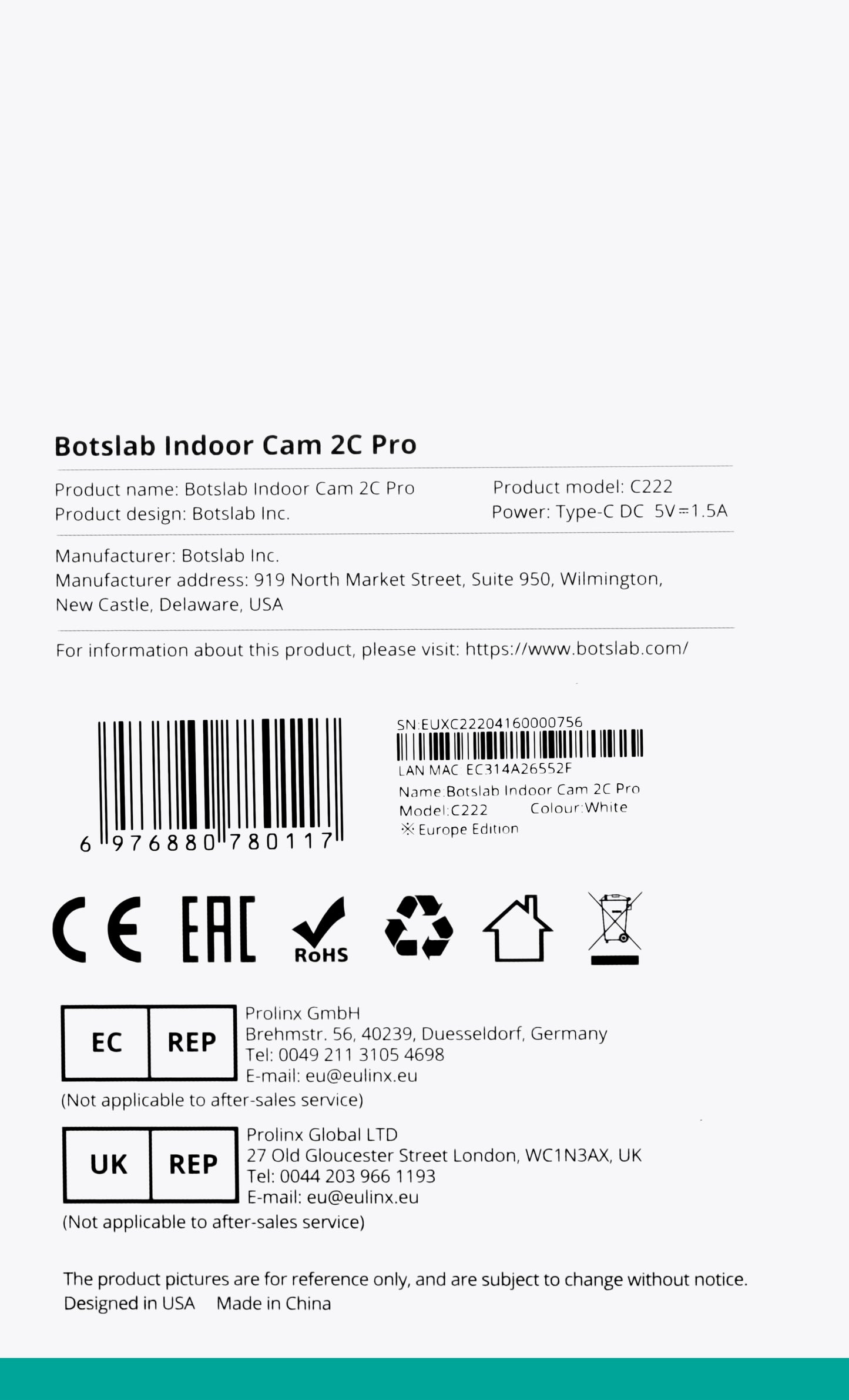 Surveillance Camera Botslab 2C Pro C222, Wi-Fi, 3K, Indoor 