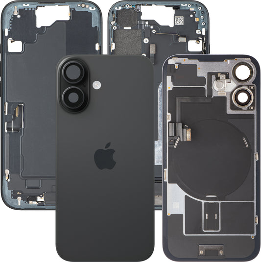 Kućište baterije Apple iPhone 16, sa srednjim delom kućišta, Komplet delova, Crno, Zamena