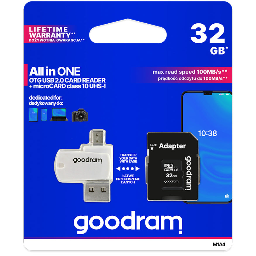 Memorijska kartica microSDHC GoodRam, 32Gb, Klasa 10 / UHS-1 U1, Sa Čitačem Kartica i Adapterom M1A4-0320R12
