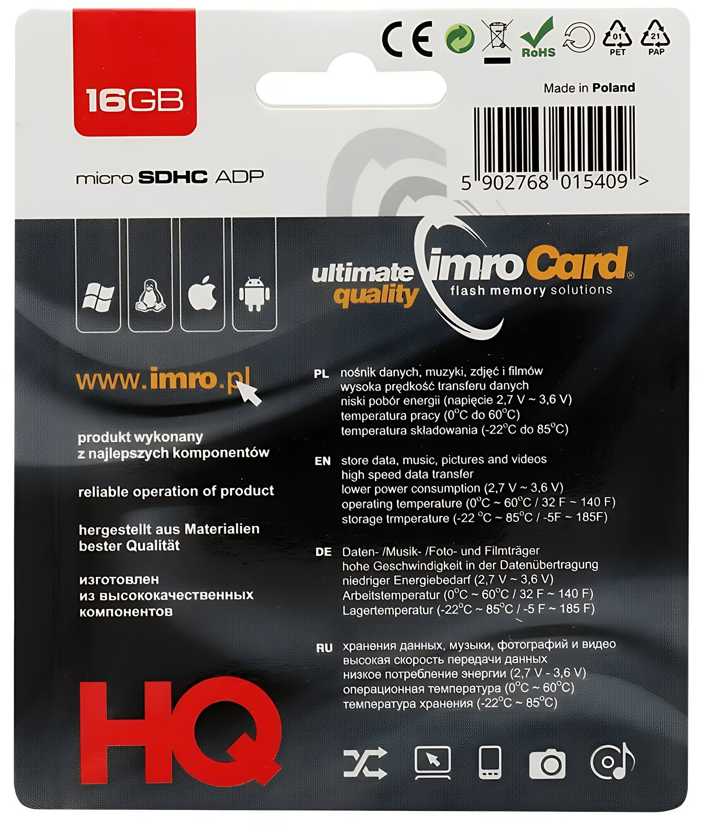 Memorijska kartica microSDHC Imro, 16Gb, Klasa 4, Sa adapterom