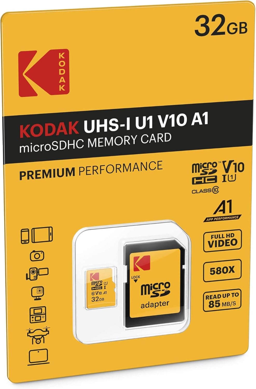 Memorijska kartica microSDHC Kodak Premium Performance, 32Gb, Klasa 10 / UHS-1 U1, Sa adapterom EKMSDM32GHC10K