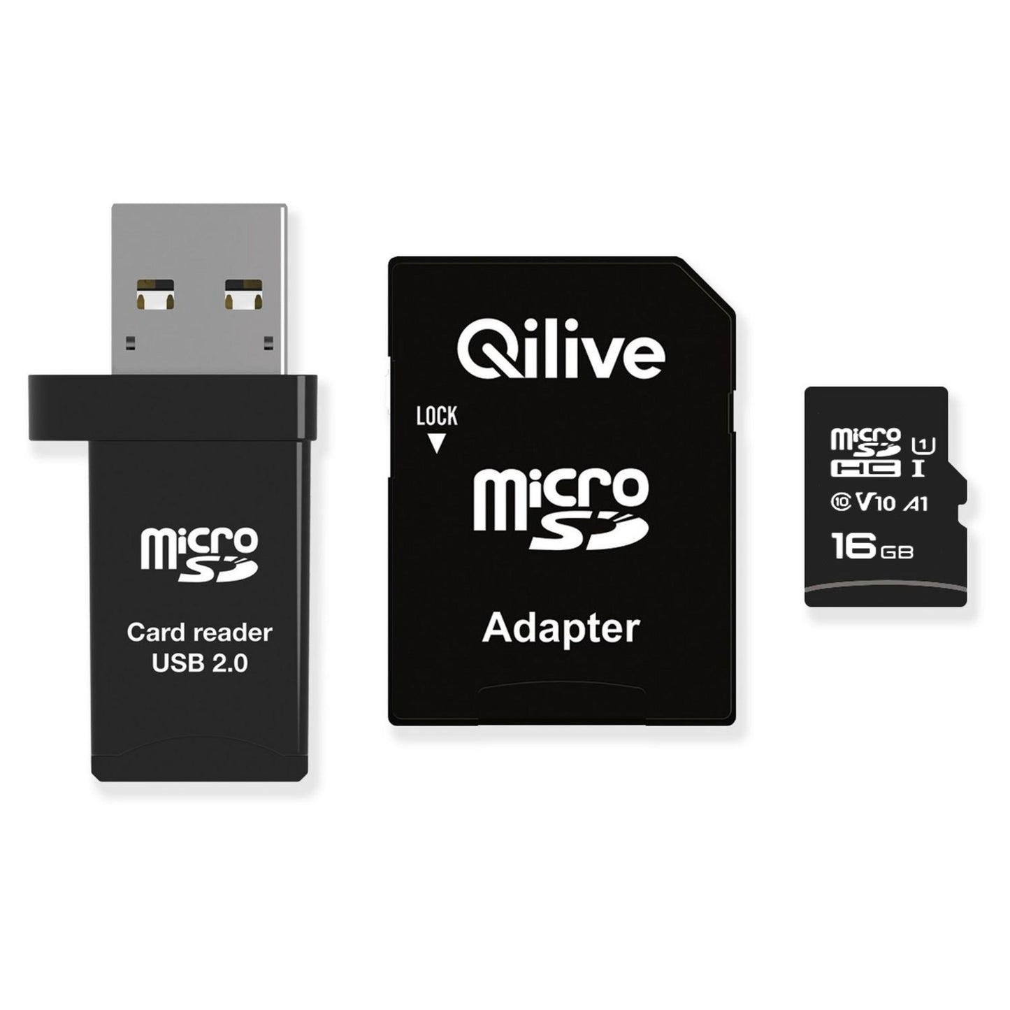 Memorijska kartica microSDHC Qilive, 16Gb, Klasa 10, Sa Čitačem Kartica i Adapterom EKMSDM16GHC10QL