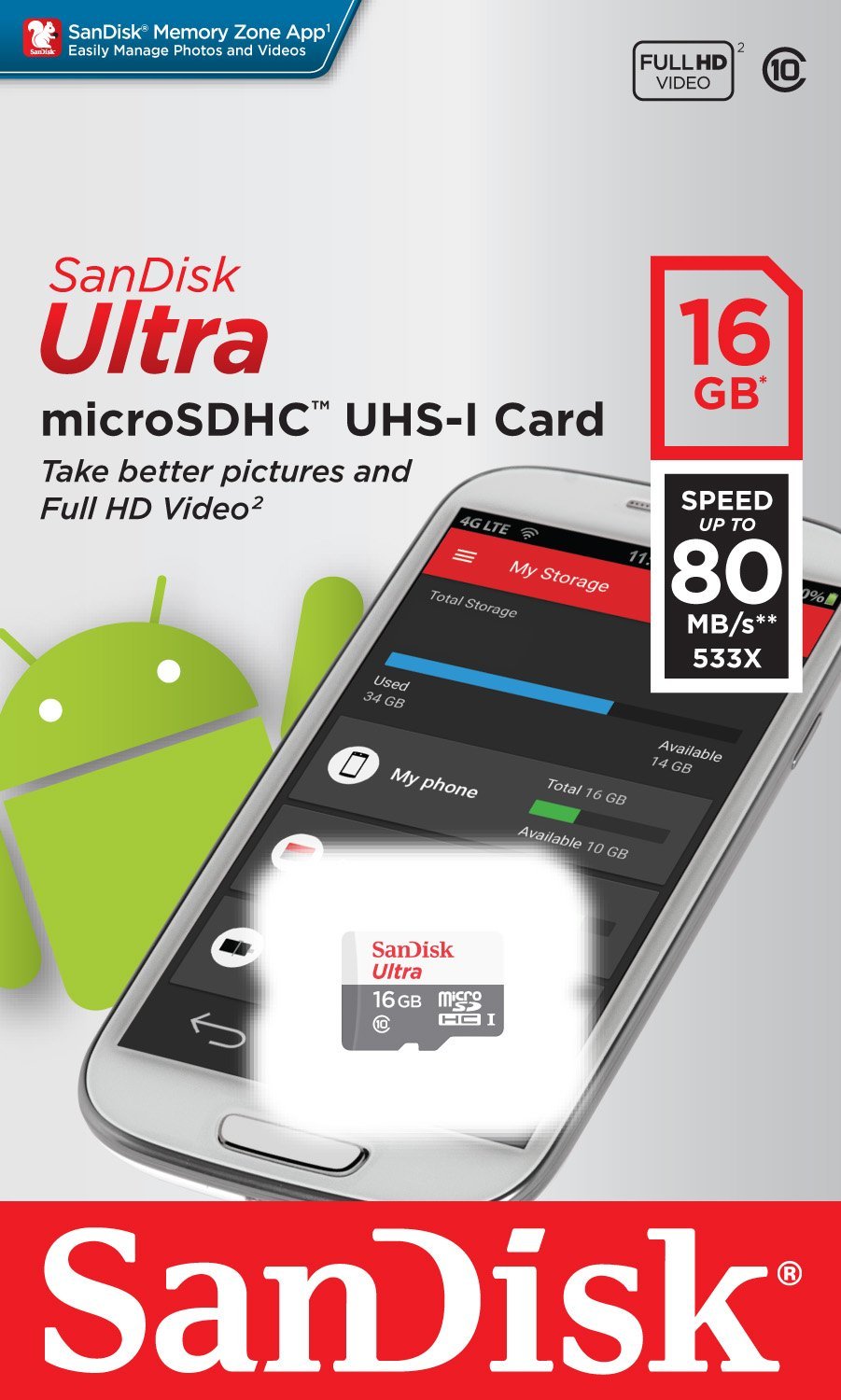 Card Memorie microSDHC SanDisk Ultra, 16Gb, Klasa 10 SDSQUNS-016G-GN3MN