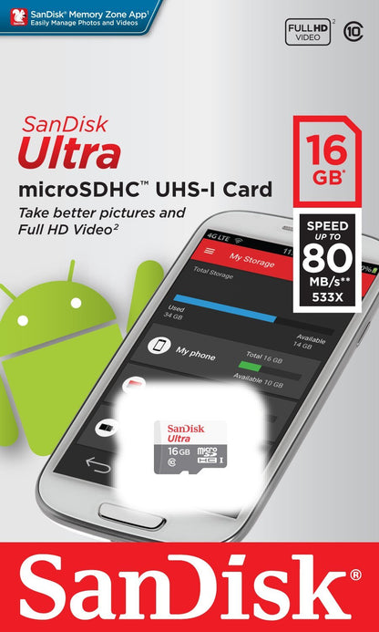 Card Memorie microSDHC SanDisk Ultra, 16Gb, Klasa 10 SDSQUNS-016G-GN3MN