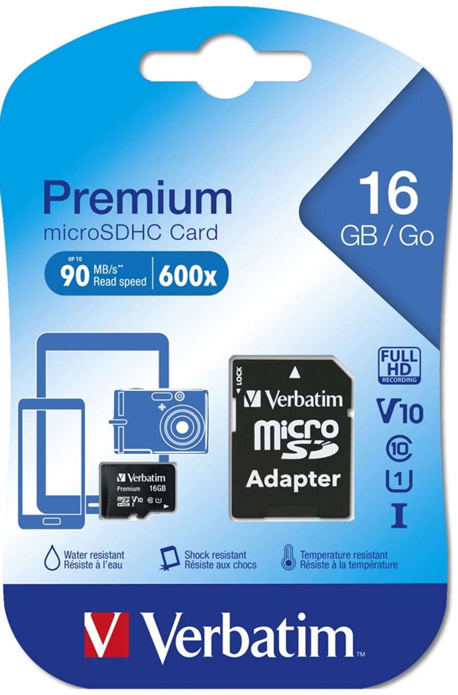 Memorijska kartica microSDHC Verbatim, 16Gb, Klasa 10 / UHS-1 U1, Sa adapterom