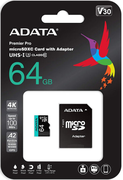 Memorijska kartica microSDXC Adata Premier Pro, 64Gb, Klasa 10 / UHS-1 U3, Sa adapterom AUSDX64GUI3V30SA2-RA1