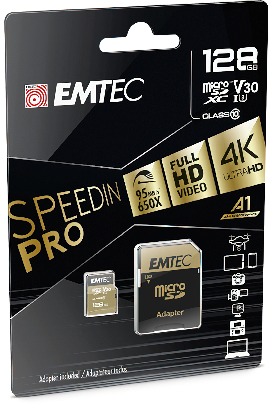 Memorijska kartica microSDXC Emtec Speedin Pro Android A1, 128Gb, Klasa 10 / UHS-1 U3, Sa Adapterom ECMSDM128GXE