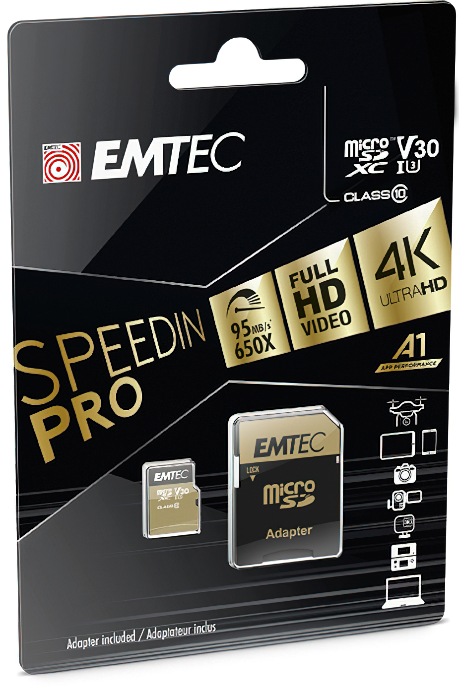 Memorijska kartica microSDXC Emtec Speedin Pro Android A1, 64Gb, Klasa 10 / UHS-1 U3, Sa Adapterom ECMSDM64GXC