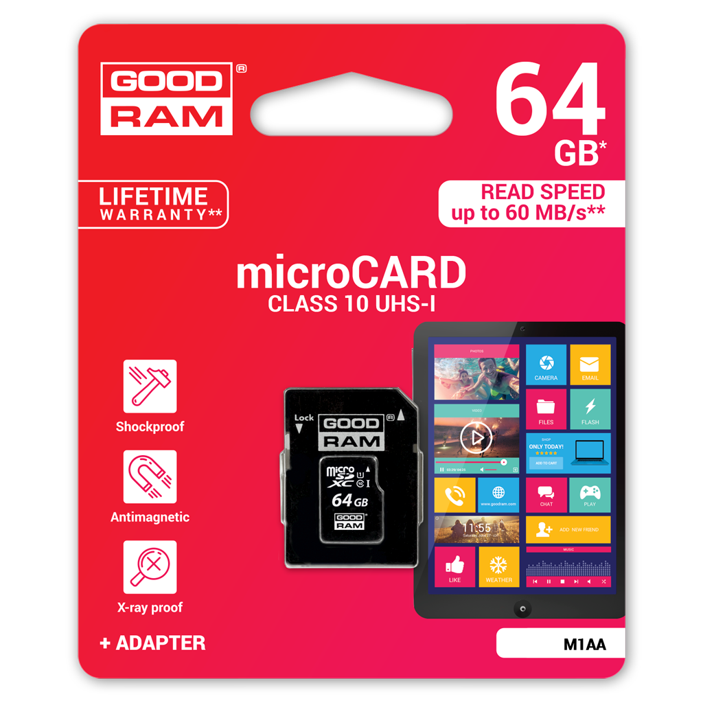 Memorijska kartica microSDXC GoodRam, 64Gb, Klasa 10 / UHS-1 U1, Sa Adapterom M1AA-0640R12
