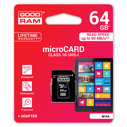 Memorijska kartica microSDXC GoodRam, 64Gb, Klasa 10 / UHS-1 U1, Sa Adapterom M1AA-0640R12