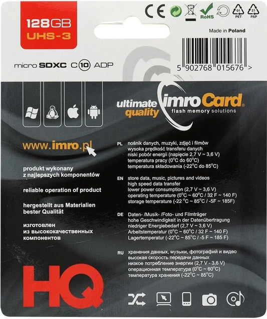 Memorijska kartica microSDXC Imro, 128Gb, Klasa 10 / UHS-1 U3, Sa Adapterom
