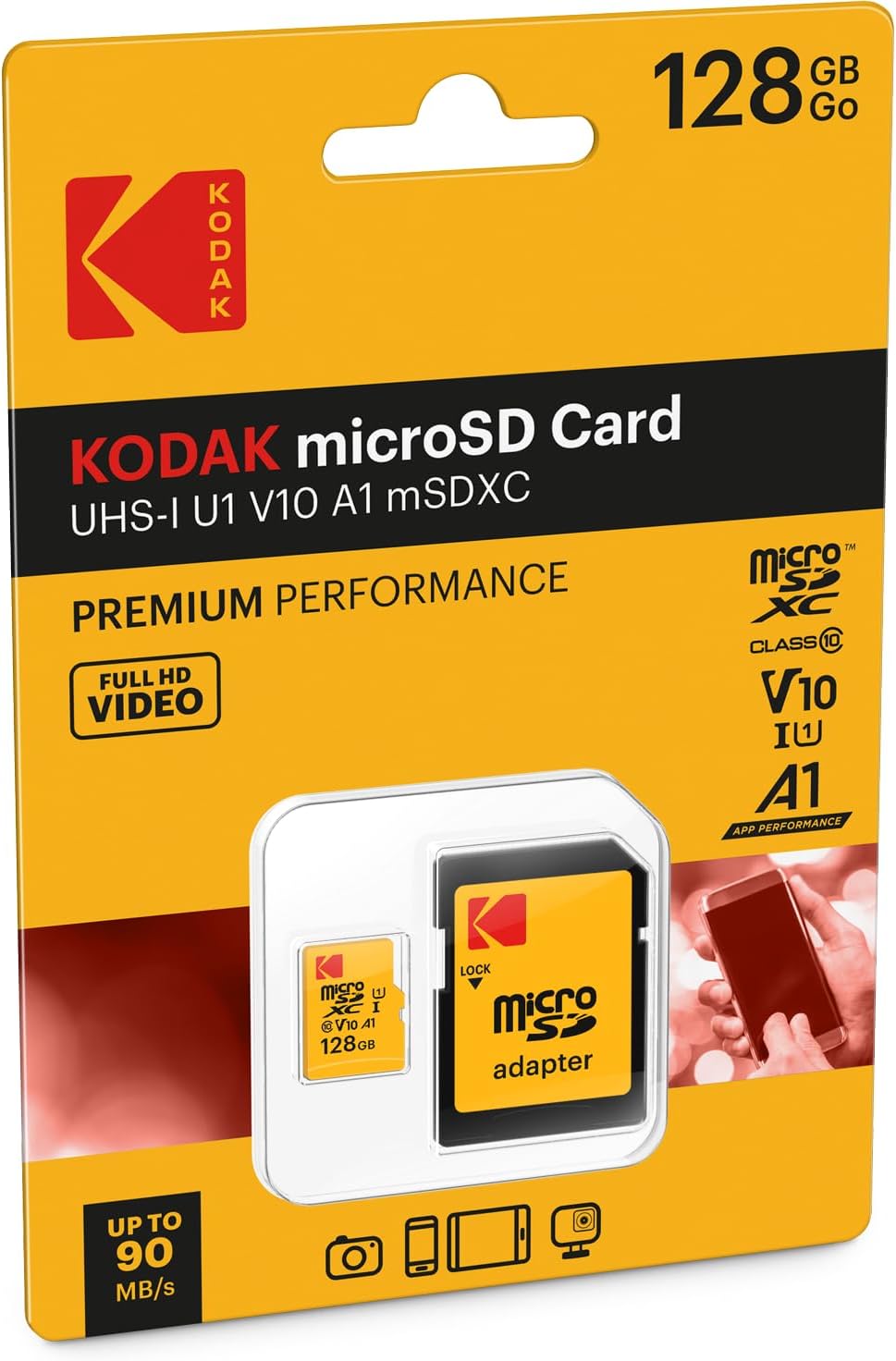 Memorijska kartica microSDXC Kodak Premium Performance, 128Gb, Klasa 10 / UHS-1 U1, Sa adapterom EKMSDM128GXC10K