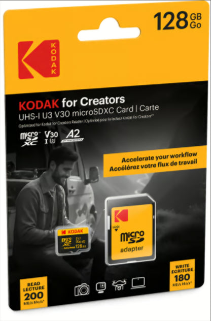 Memorijska kartica microSDXC Kodak for Creators, 128Gb, Klasa 10 / UHS-1 U3, Sa Adapterom EKMSDM128GXCU3CR