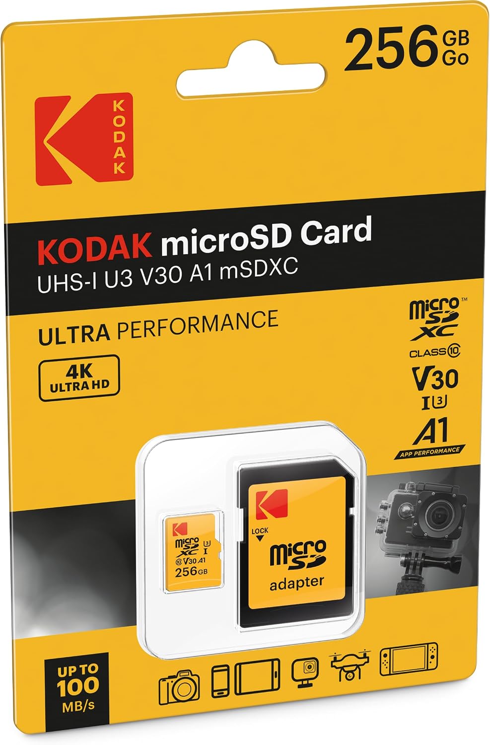 Memorijska kartica microSDXC Kodak, 256Gb, Klasa 10 / UHS-1 U3, Sa Adapterom EKMSDM256GXC10HPRK