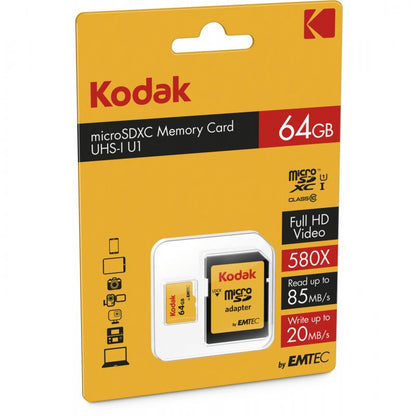 Memorijska kartica microSDXC Kodak, 64Gb, Klasa 10 / UHS-1 U1, Sa Adapterom EKMSDM64GXC10K