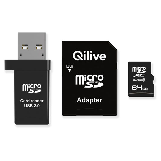 Memorijska kartica microSDXC Qilive, 64Gb, Klasa 10, Sa čitačem kartica i adapterom EKMSDM64GXC10QL