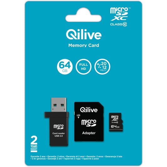 Memorijska kartica microSDXC Qilive, 64Gb, Klasa 10, Sa čitačem kartica i adapterom EKMSDM64GXC10QL