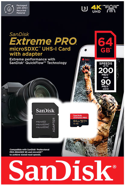 Memorijska kartica microSDXC SanDisk Extreme Pro, 64Gb, Klasa 10 / UHS-1 U3, Sa adapterom SDSQXCU-064G-GN6MA