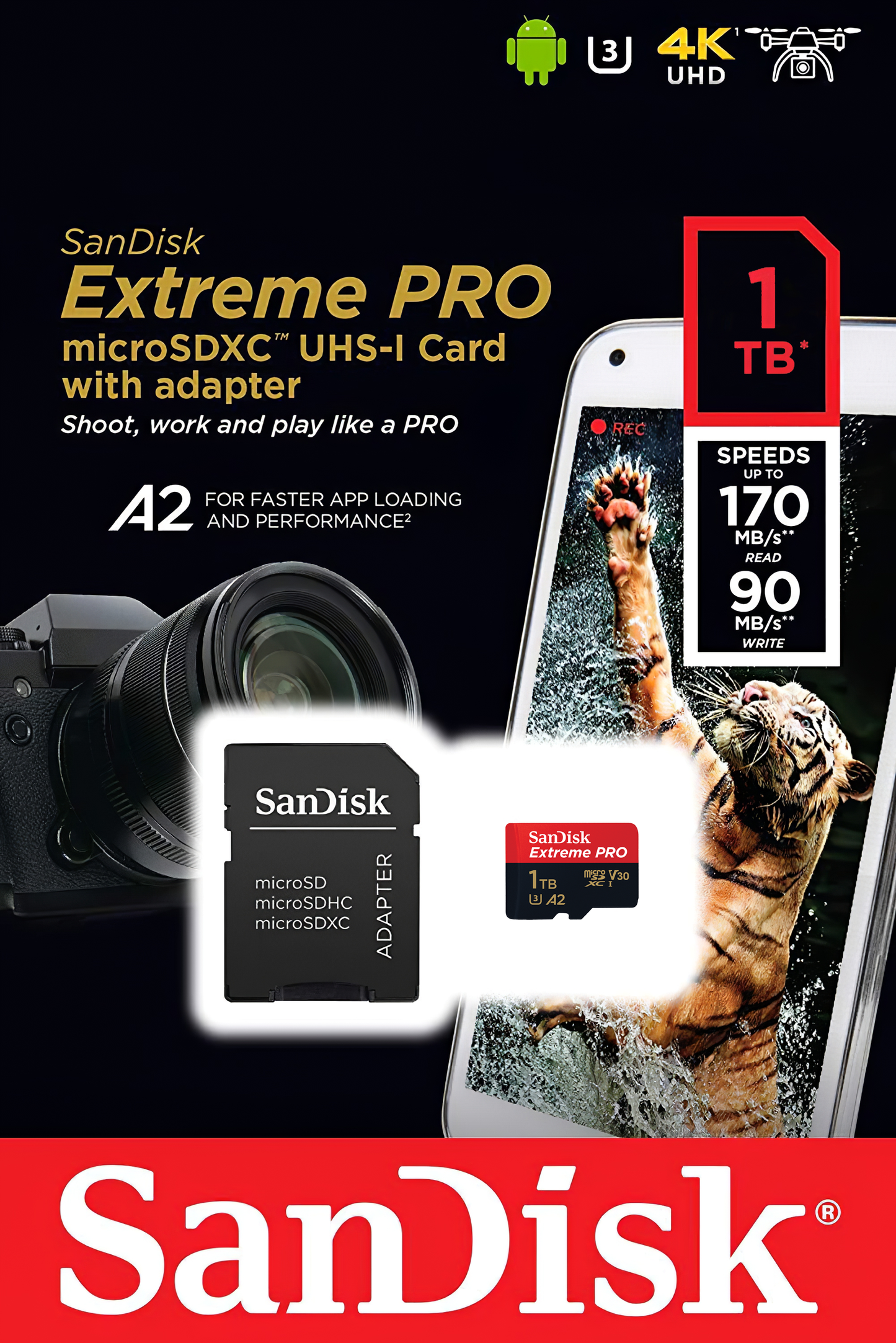 Memorijska kartica microSDXC SanDisk Extreme Pro, 1TB, Klasa 10 / UHS-1 U3, Sa Adapterom SDSQXCD-1T00-GN6MA