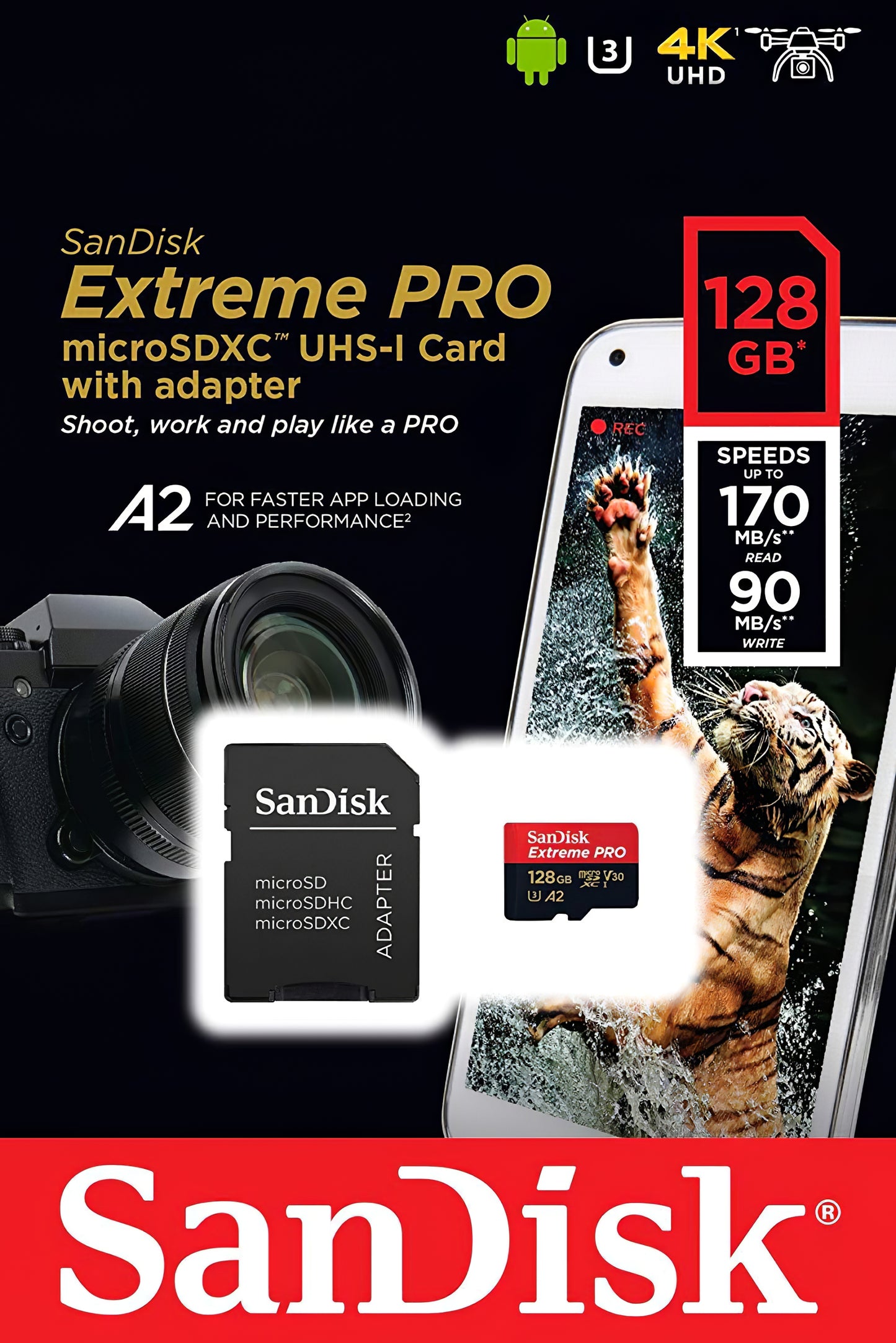 Memorijska kartica microSDXC SanDisk Extreme Pro, 128Gb, Klasa 10 / UHS-1 U3, Sa adapterom SDSQXCD-128G-GN6MA
