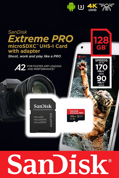 Memorijska kartica microSDXC SanDisk Extreme Pro, 128Gb, Klasa 10 / UHS-1 U3, Sa adapterom SDSQXCD-128G-GN6MA