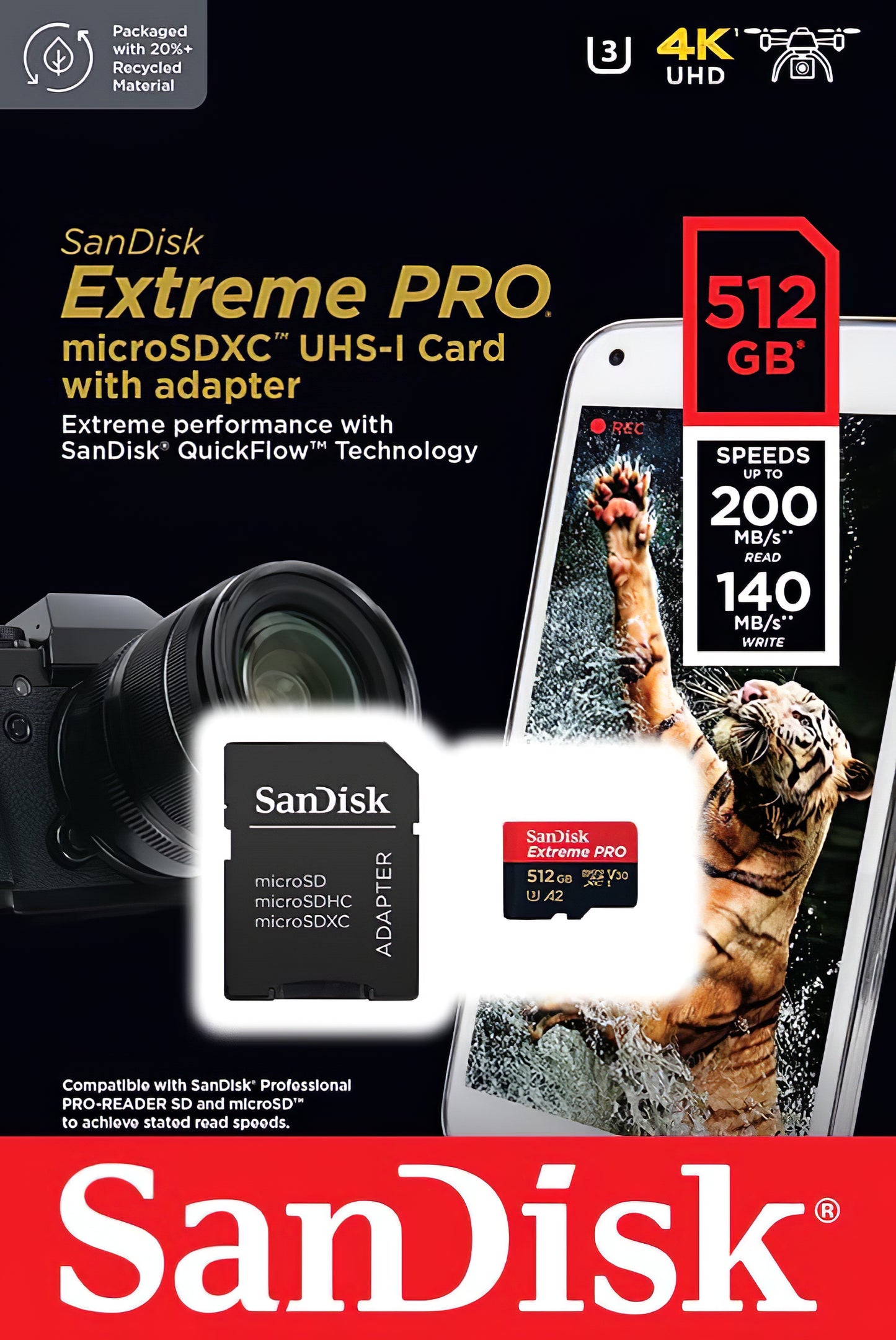 Memorijska kartica microSDXC SanDisk Extreme Pro, 512Gb, Klasa 10 / UHS-1 U3, Sa adapterom SDSQXCD-512G-GN6MA