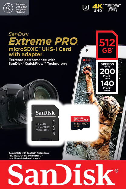 Memorijska kartica microSDXC SanDisk Extreme Pro, 512Gb, Klasa 10 / UHS-1 U3, Sa adapterom SDSQXCD-512G-GN6MA