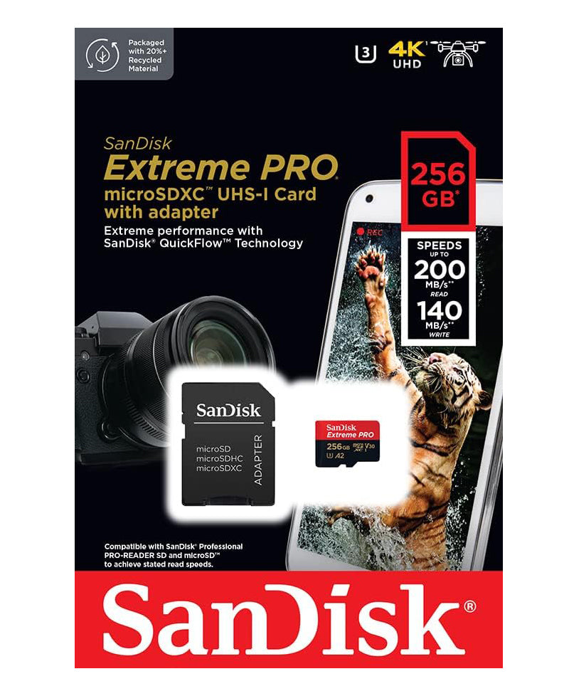 Memorijska kartica microSDXC SanDisk Extreme Pro, 256Gb, Klasa 10 / UHS-1 U3, Sa adapterom SDSQXCD-256G-GN6MA