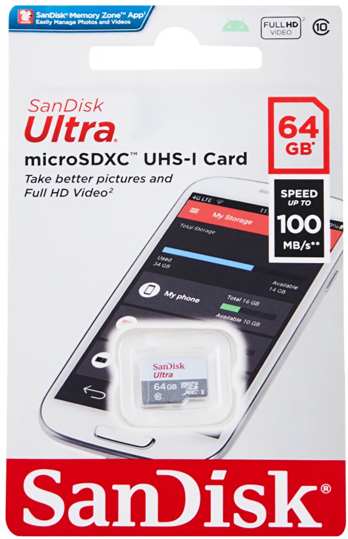 Memorijska kartica microSDXC SanDisk Ultra, 64Gb, Klasa 10 SDSQUNR-064G-GN3MN